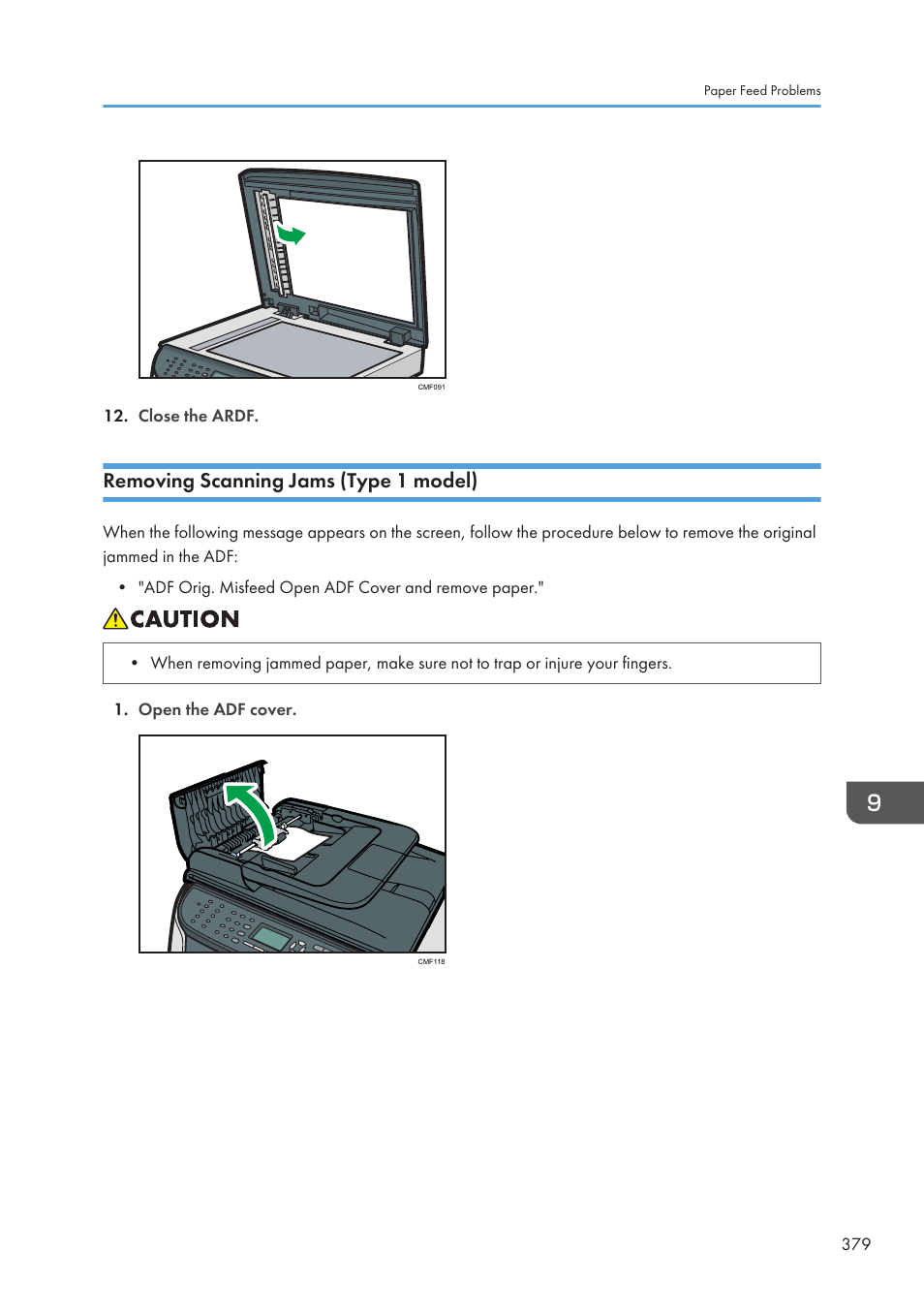Removing scanning jams (type 1 model) | Ricoh SP3510SF User Manual | Page 381 / 476