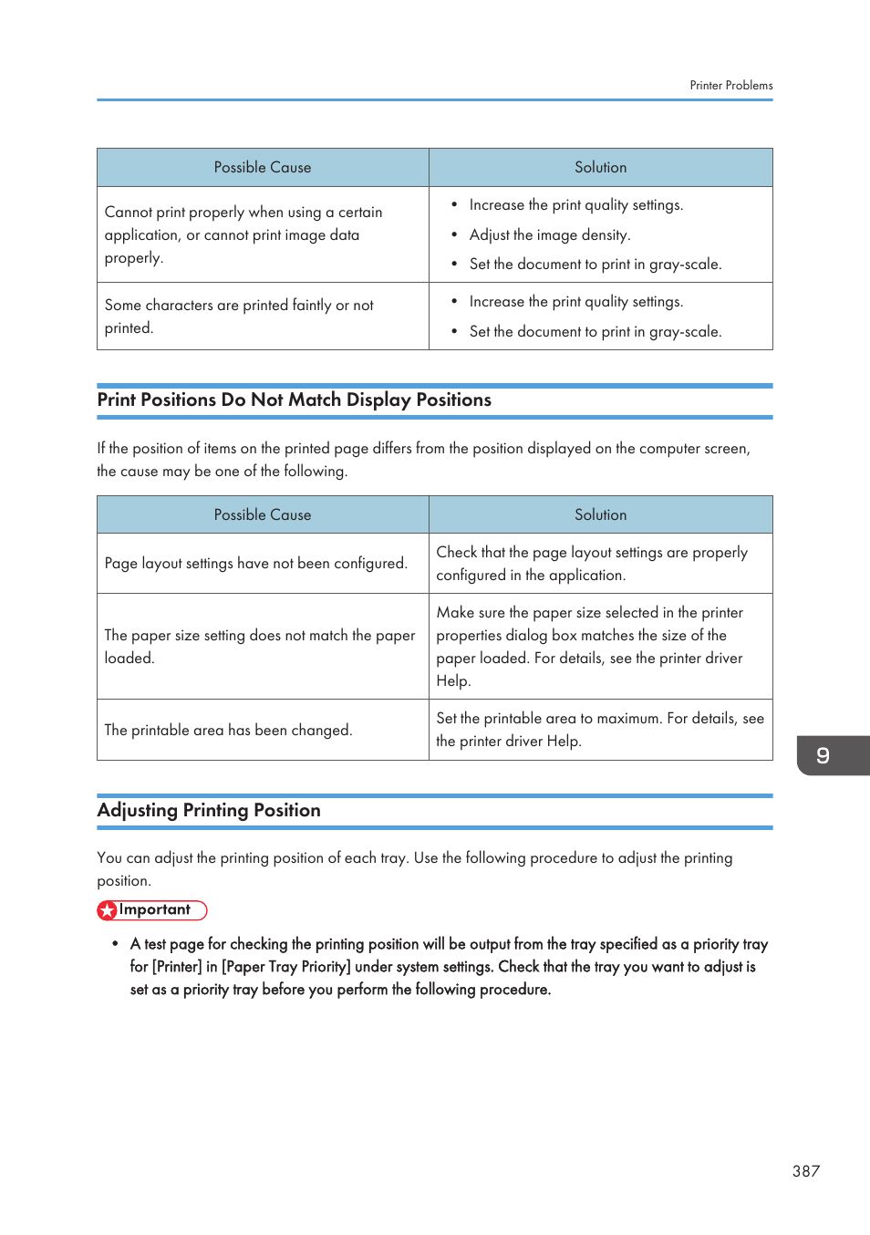Print positions do not match display positions, Adjusting printing position | Ricoh SP3510SF User Manual | Page 389 / 476