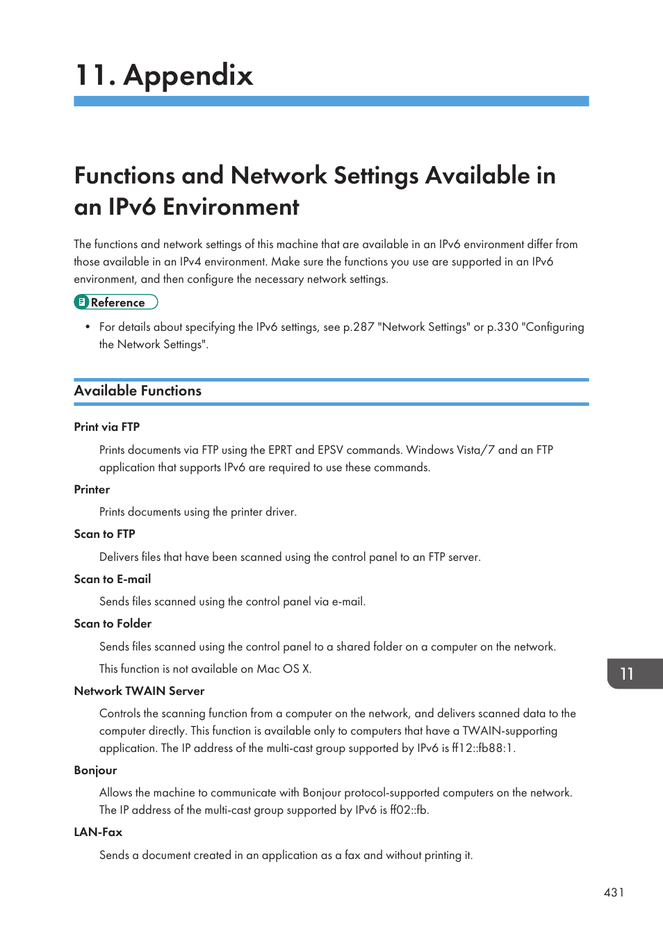 Appendix, Available functions | Ricoh SP3510SF User Manual | Page 433 / 476