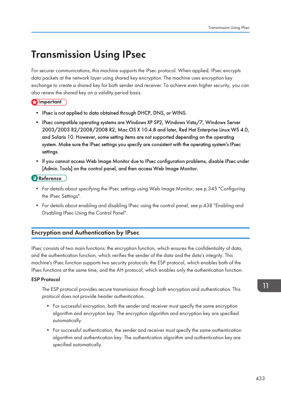 Transmission using ipsec, Encryption and authentication by ipsec | Ricoh SP3510SF User Manual | Page 435 / 476