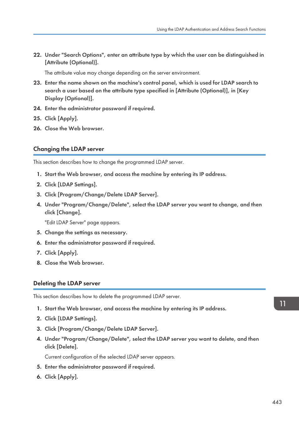 Changing the ldap server, Deleting the ldap server | Ricoh SP3510SF User Manual | Page 445 / 476