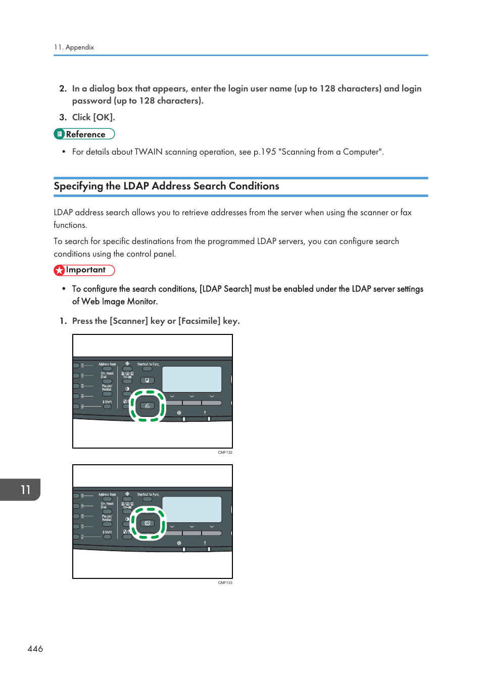 Specifying the ldap address search conditions, Search conditions | Ricoh SP3510SF User Manual | Page 448 / 476