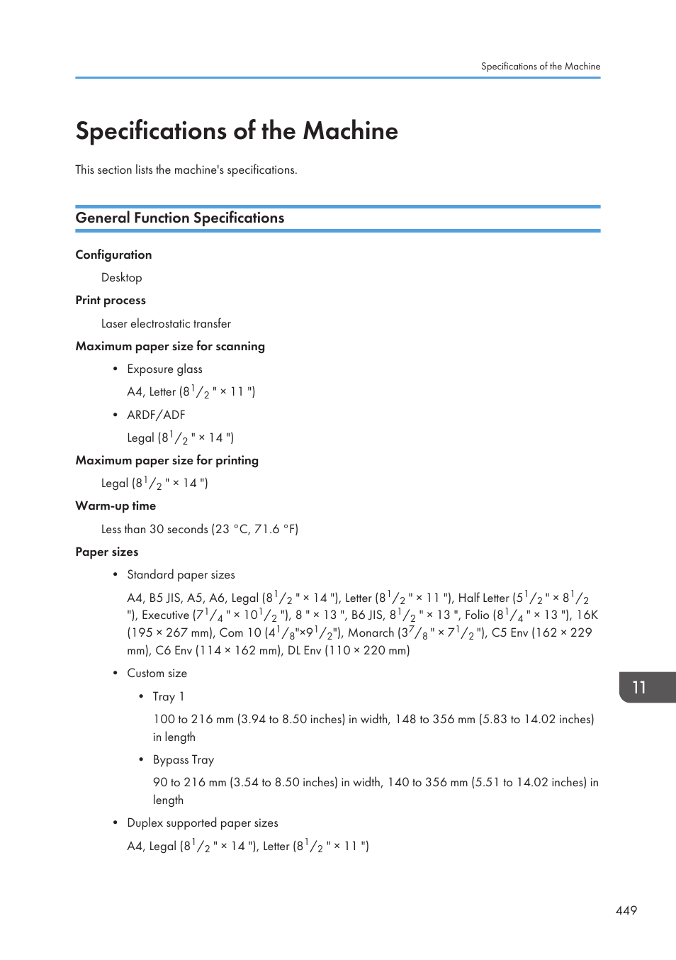 Specifications of the machine, General function specifications | Ricoh SP3510SF User Manual | Page 451 / 476