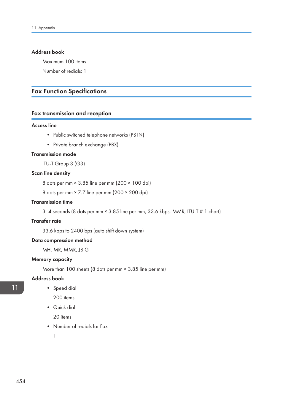 Fax function specifications, Fax transmission and reception | Ricoh SP3510SF User Manual | Page 456 / 476