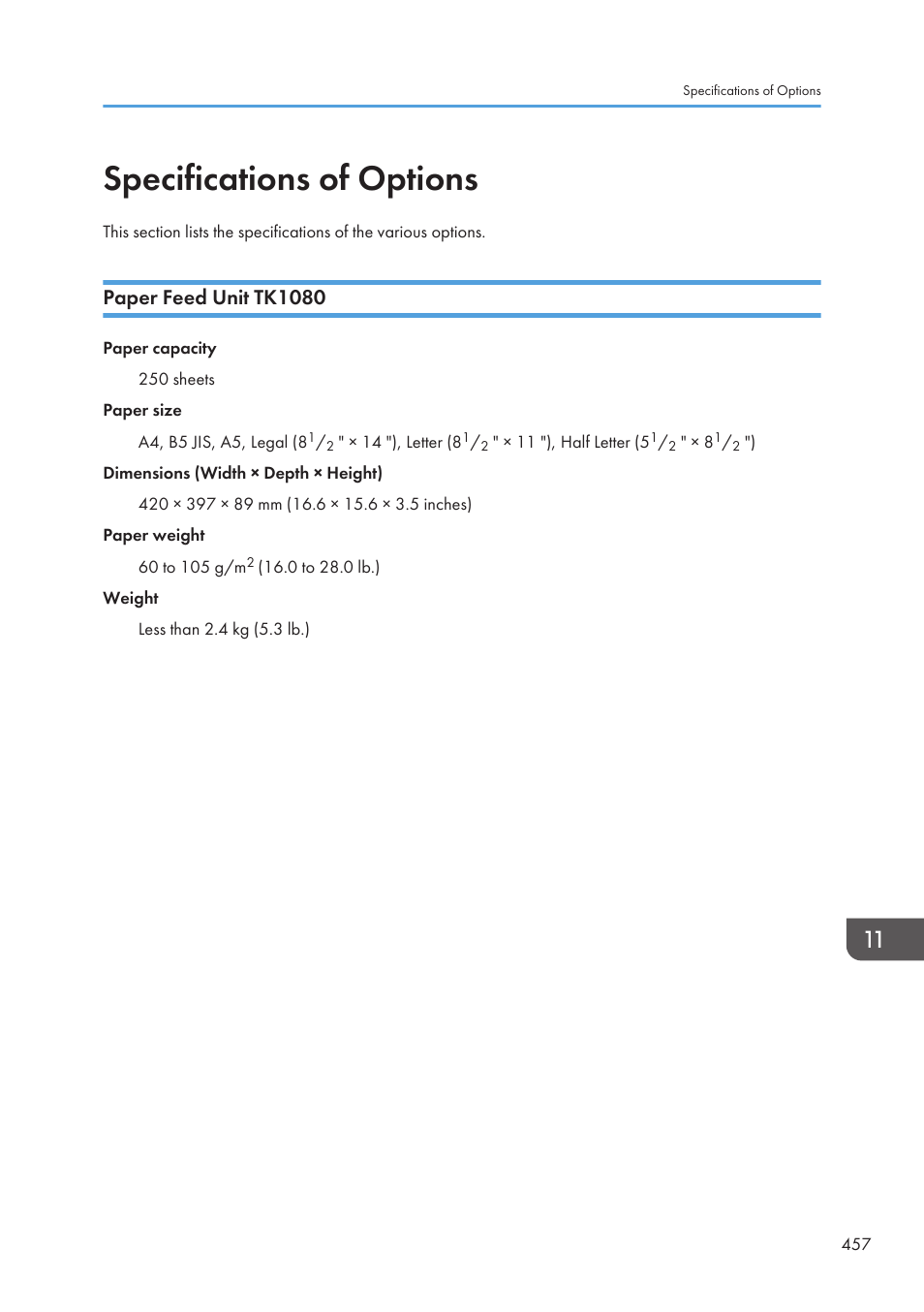 Specifications of options, Paper feed unit tk1080 | Ricoh SP3510SF User Manual | Page 459 / 476