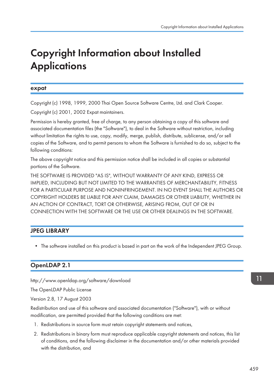 Copyright information about installed applications, Expat, Jpeg library | Openldap 2.1, Expat jpeg library openldap 2.1 | Ricoh SP3510SF User Manual | Page 461 / 476