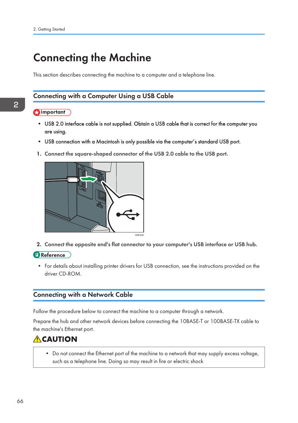 Connecting the machine, Connecting with a computer using a usb cable, Connecting with a network cable | 66 connecting with a network cable | Ricoh SP3510SF User Manual | Page 68 / 476