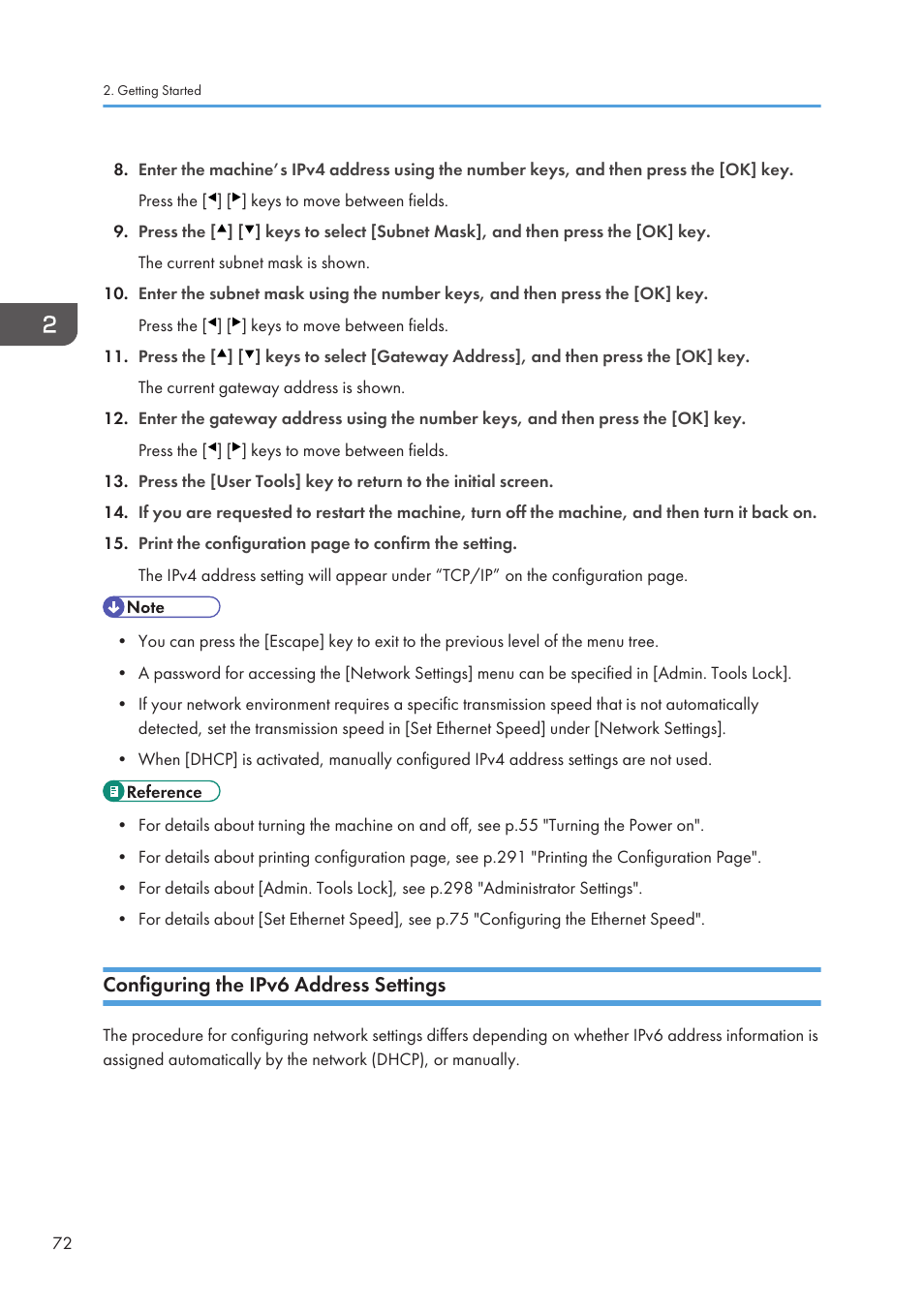 Configuring the ipv6 address settings | Ricoh SP3510SF User Manual | Page 74 / 476