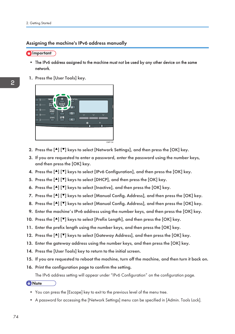 Assigning the machine's ipv6 address manually | Ricoh SP3510SF User Manual | Page 76 / 476