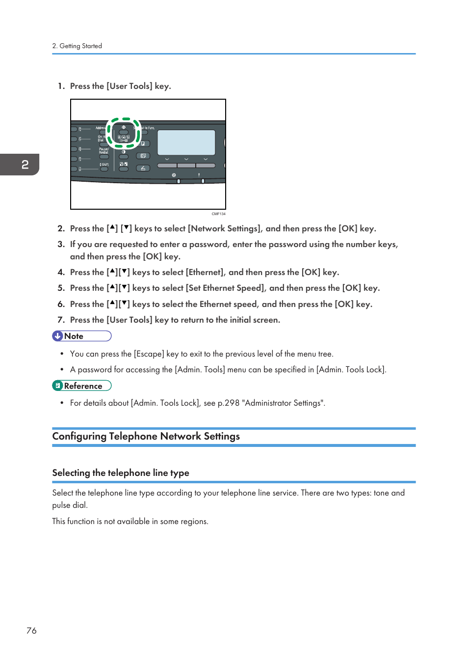 Configuring telephone network settings, Selecting the telephone line type, Telephone network settings | Ricoh SP3510SF User Manual | Page 78 / 476