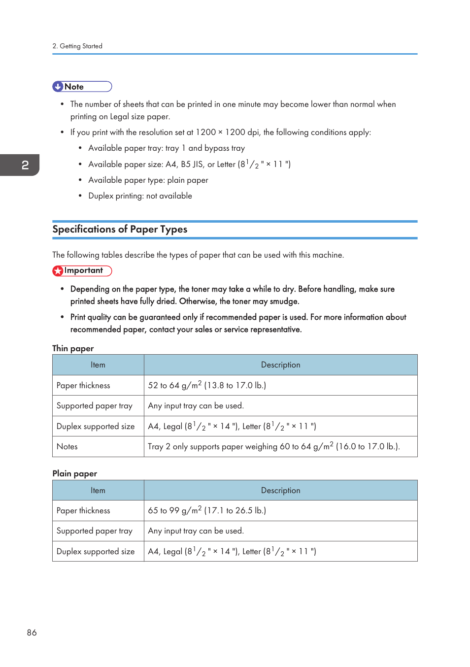 Specifications of paper types | Ricoh SP3510SF User Manual | Page 88 / 476