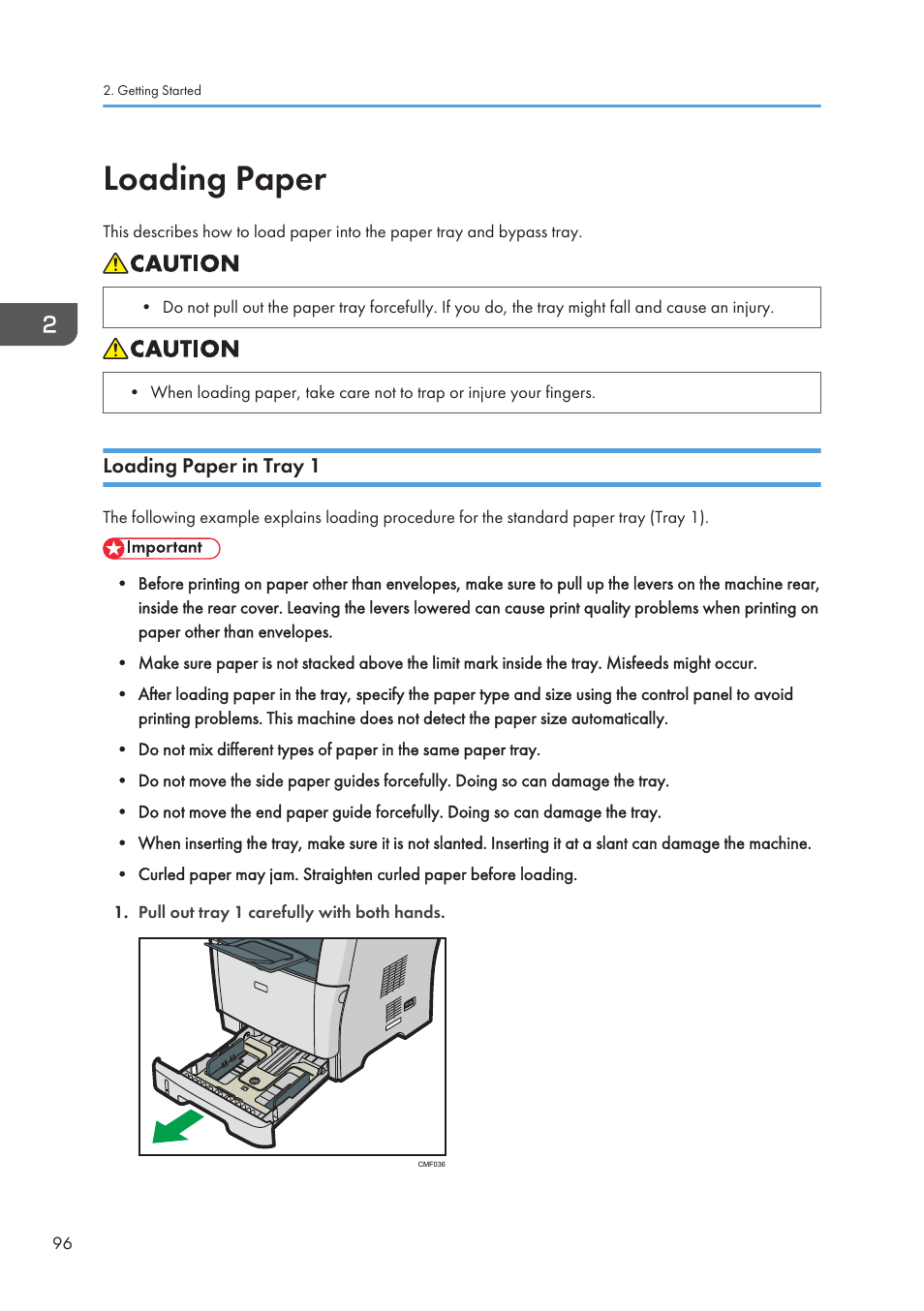 Loading paper, Loading paper in tray 1 | Ricoh SP3510SF User Manual | Page 98 / 476