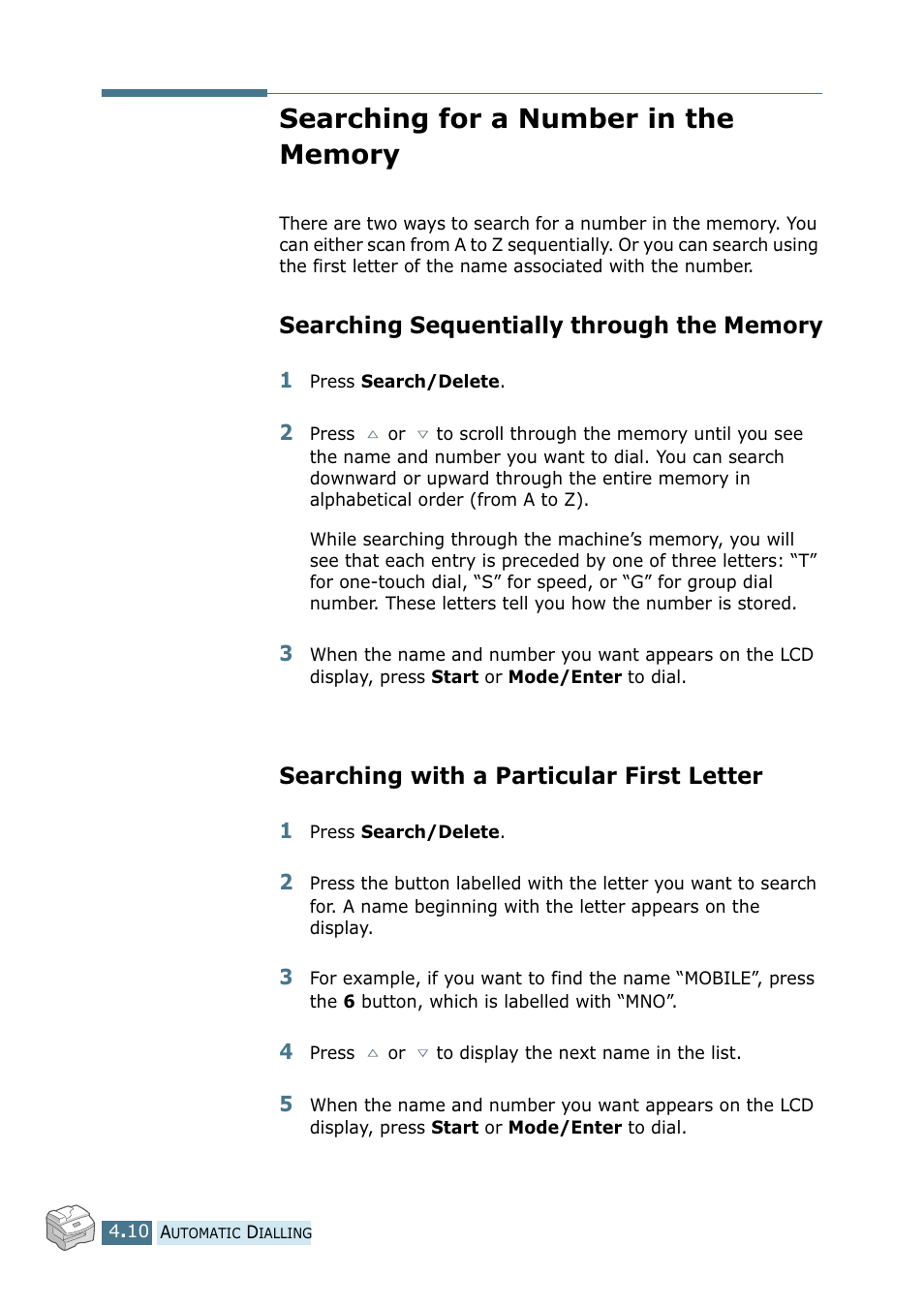 Searching for a number in the memory, Searching sequentially through the memory, Searching with a particular first letter | Ricoh 4016 Series User Manual | Page 163 / 192