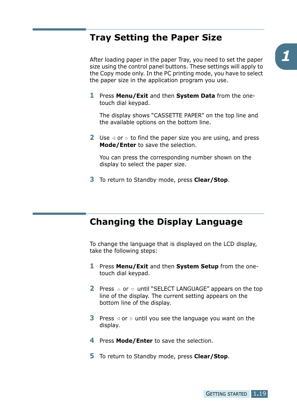 Tray setting the paper size, Changing the display language | Ricoh 4016 Series User Manual | Page 30 / 192