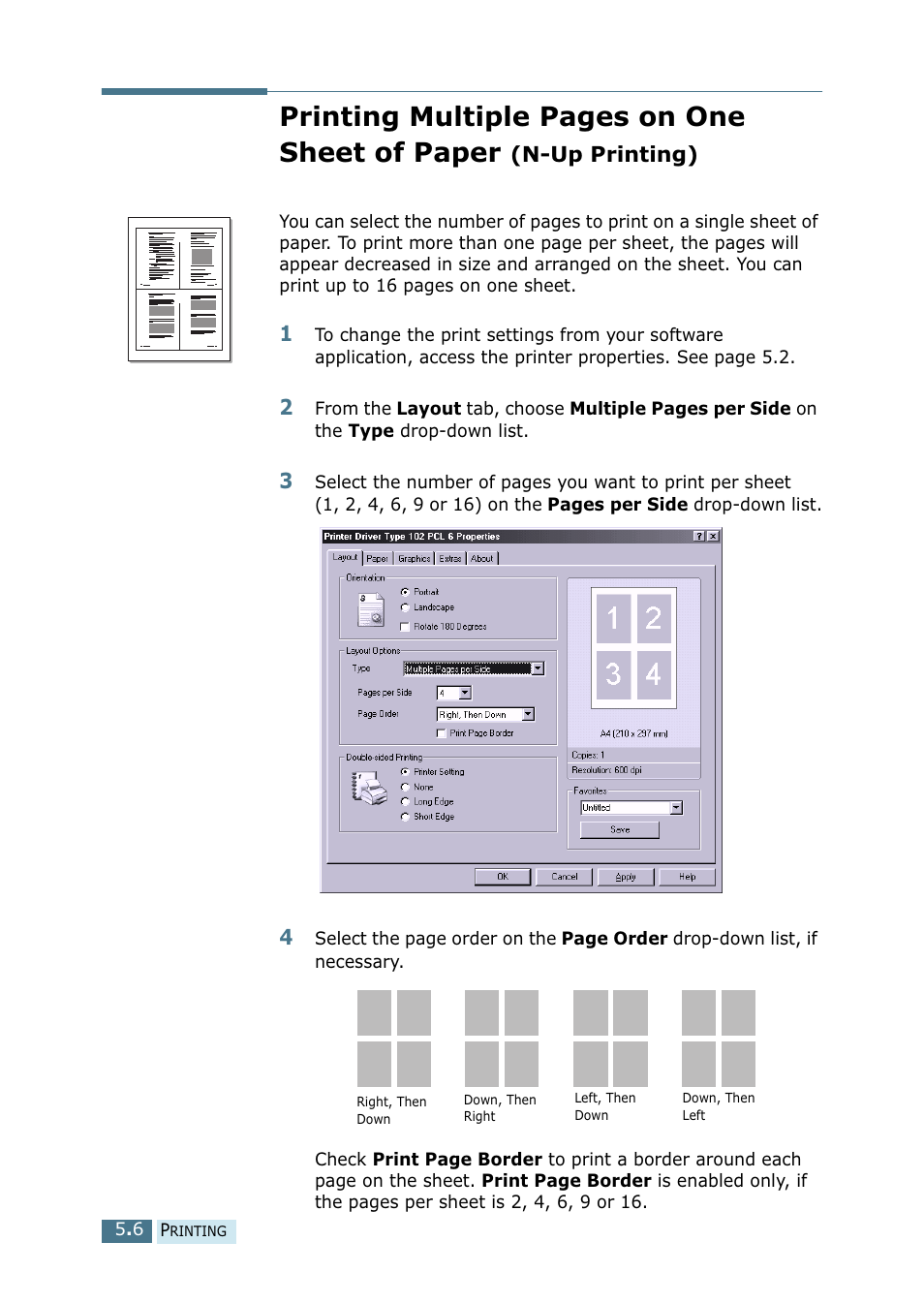 Up printing), Printing multiple pages on one sheet of paper | Ricoh 4016 Series User Manual | Page 67 / 192