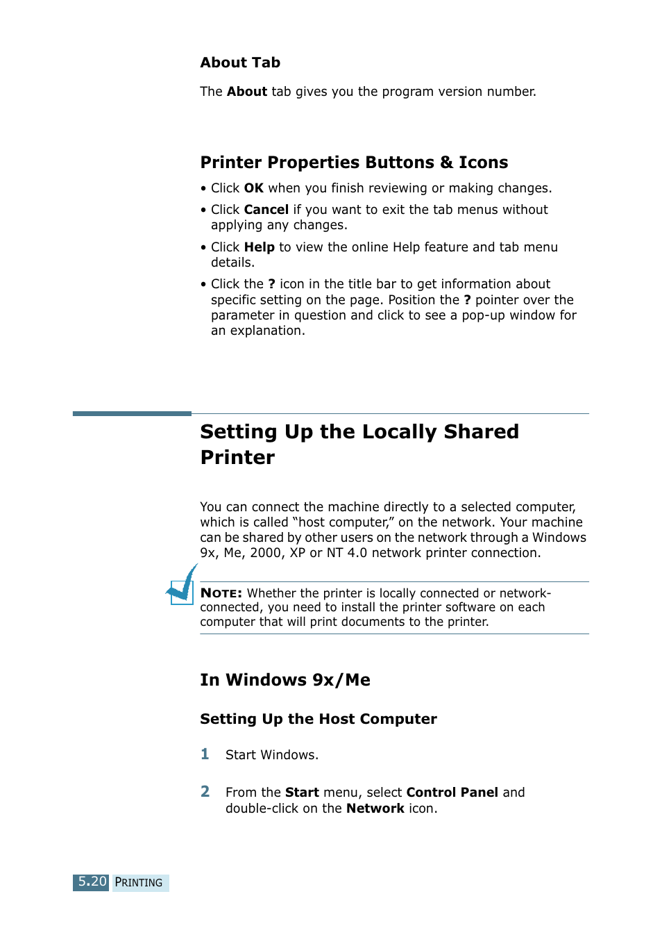 Printer properties buttons & icons, Setting up the locally shared printer, In windows 9x/me | Ricoh 4016 Series User Manual | Page 81 / 192