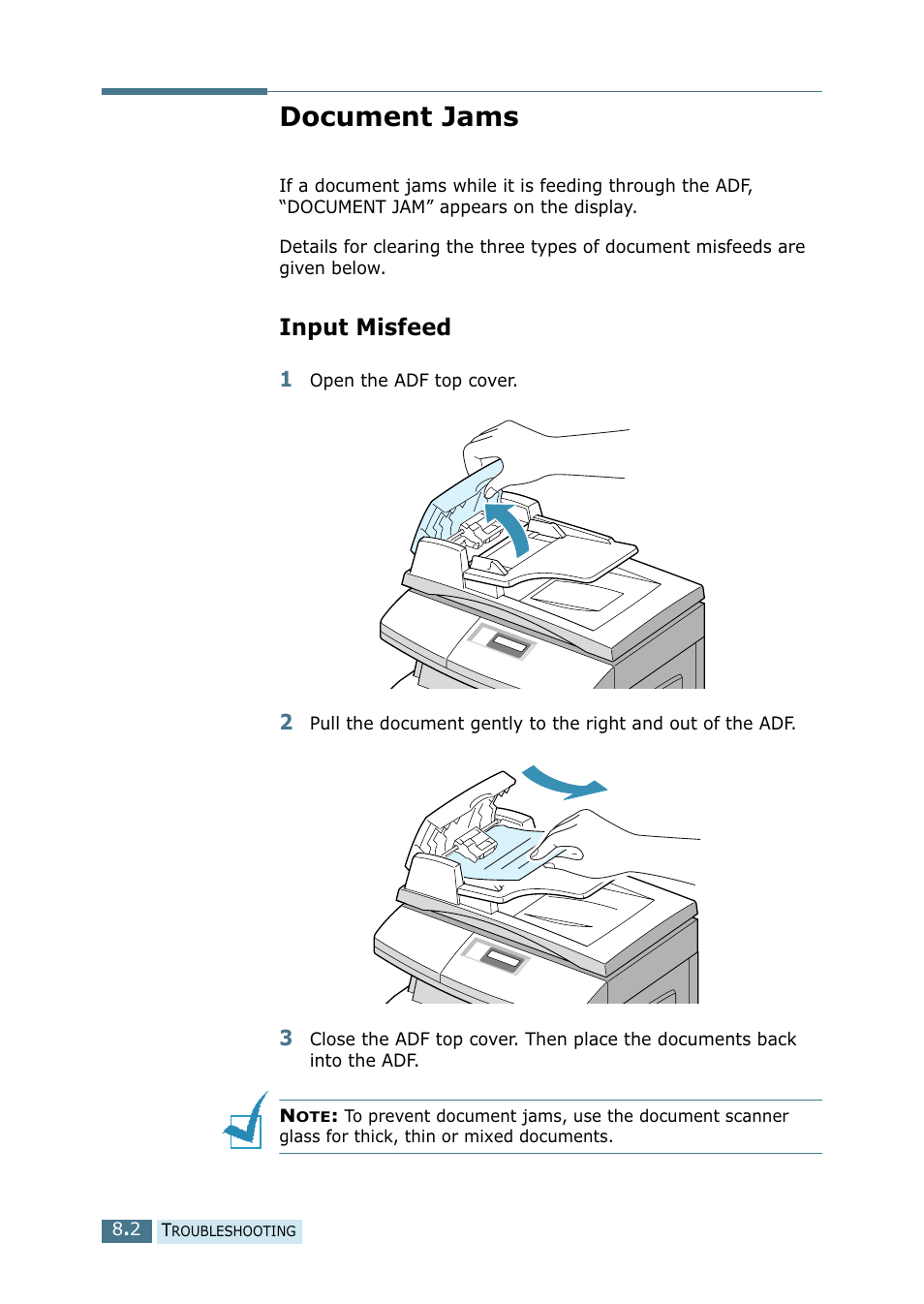 Document jams, Input misfeed | Ricoh 4016 Series User Manual | Page 99 / 192