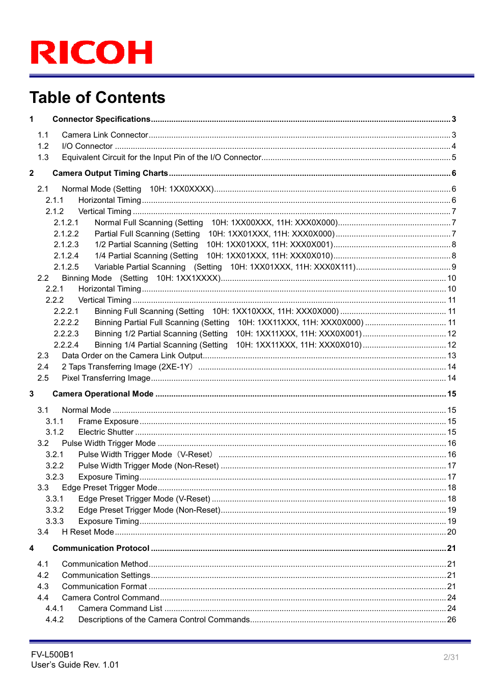 Ricoh Small Cubic Type 5.0 Mega Pixel CCD Monochrome PoCL Camera Link Camera FV-L500B1 User Manual | Page 2 / 31