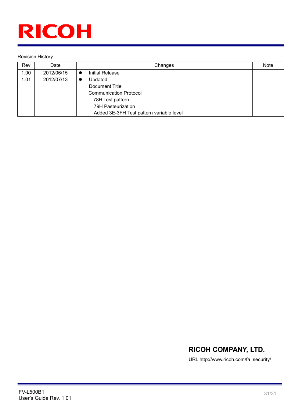 Ricoh company, ltd | Ricoh Small Cubic Type 5.0 Mega Pixel CCD Monochrome PoCL Camera Link Camera FV-L500B1 User Manual | Page 31 / 31