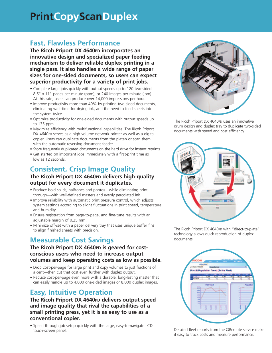 Print copy scan duplex, Fast, flawless performance, Consistent, crisp image quality | Measurable cost savings, Easy, intuitive operation | Ricoh Priport DX 4640PD User Manual | Page 3 / 6