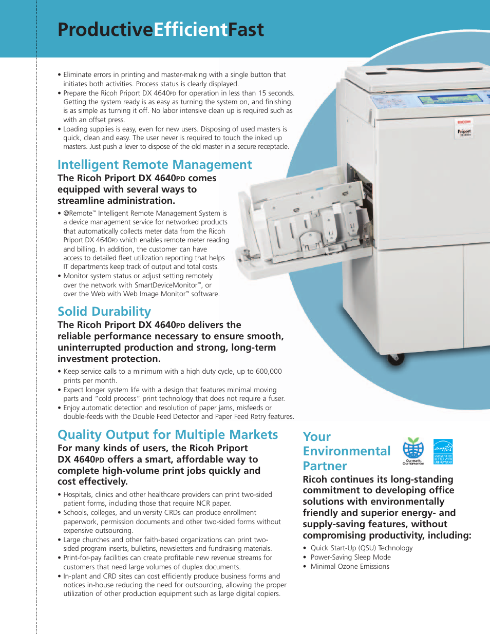 Productive efficient fast, Your environmental partner, Intelligent remote management | Solid durability, Quality output for multiple markets | Ricoh Priport DX 4640PD User Manual | Page 4 / 6