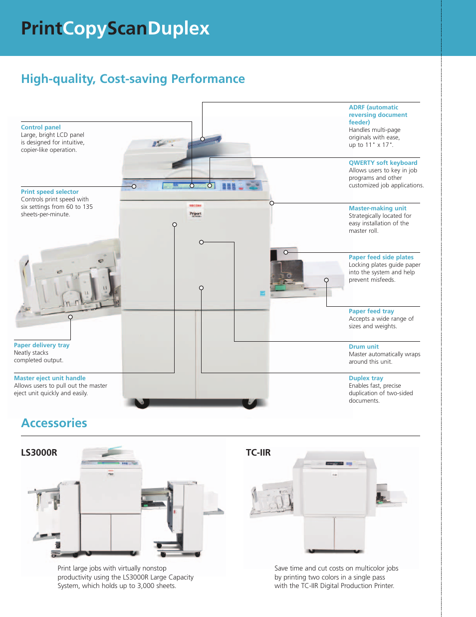 Print copy scan duplex, Accessories, High-quality, cost-saving performance | Ricoh Priport DX 4640PD User Manual | Page 5 / 6