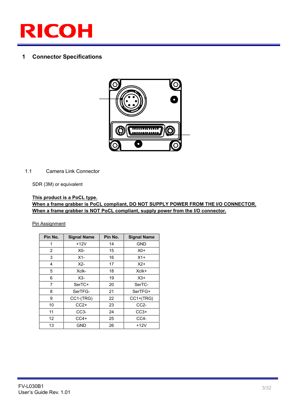 1 connector specifications | Ricoh Monochrome PoCl Camera Link Camera FV-L030B1 User Manual | Page 3 / 32