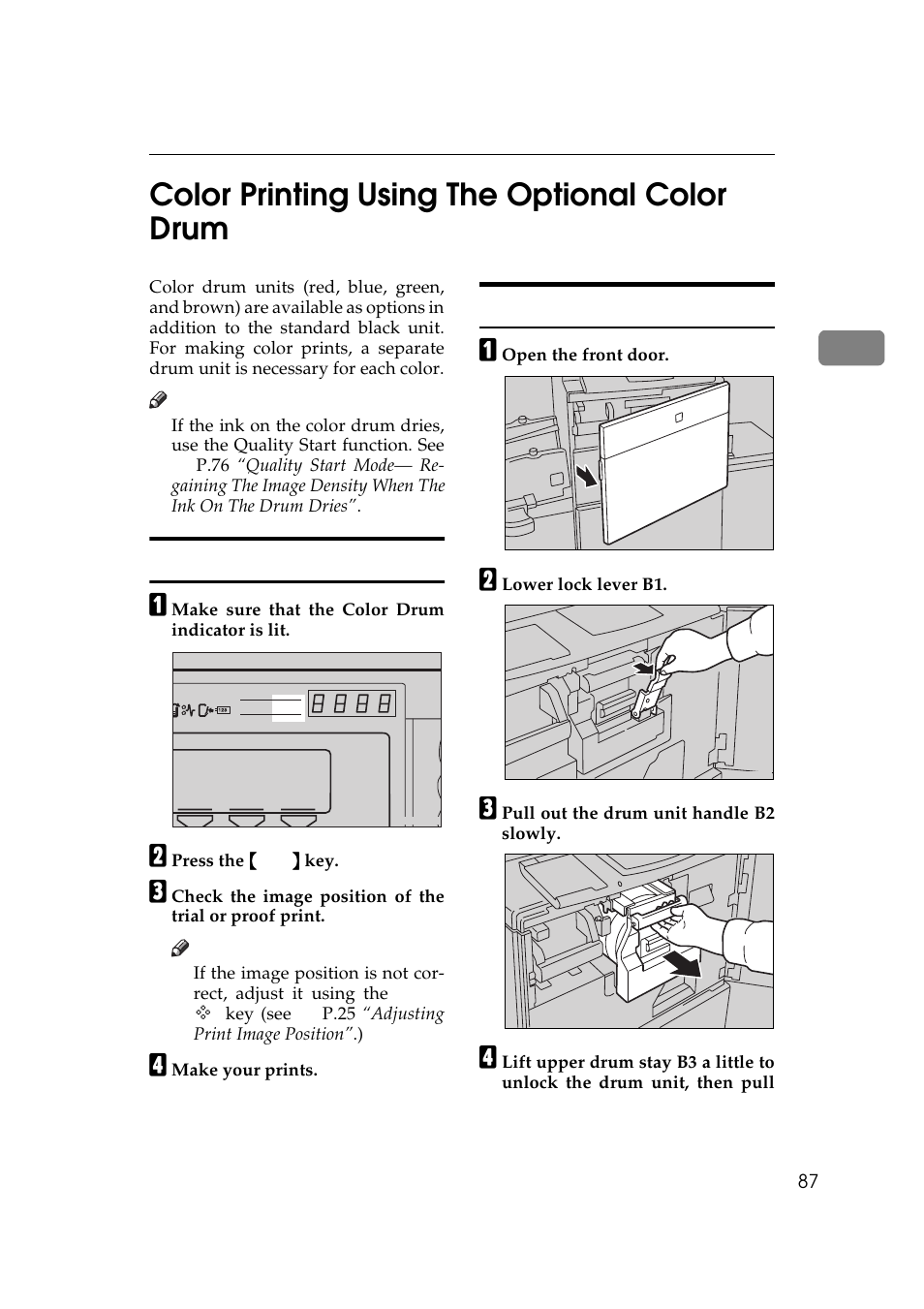 P.87 “making color prints, Color printing using the optional color drum, Making color prints changing the color drum unit | P.87 “color print, Ing using the optional color drum, 2color printing using the optional color drum, Making color prints, Changing the color drum unit | Ricoh Priport JP5000 User Manual | Page 109 / 465
