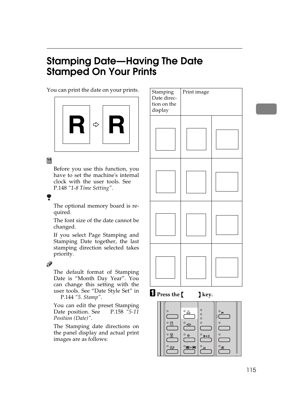 P.115 “stamping date—hav, Ing the date stamped on your prints, You can print the date on your prints | Press the {{{{ stamp }}}} key, Preparation, Limitation | Ricoh Priport JP5000 User Manual | Page 137 / 465