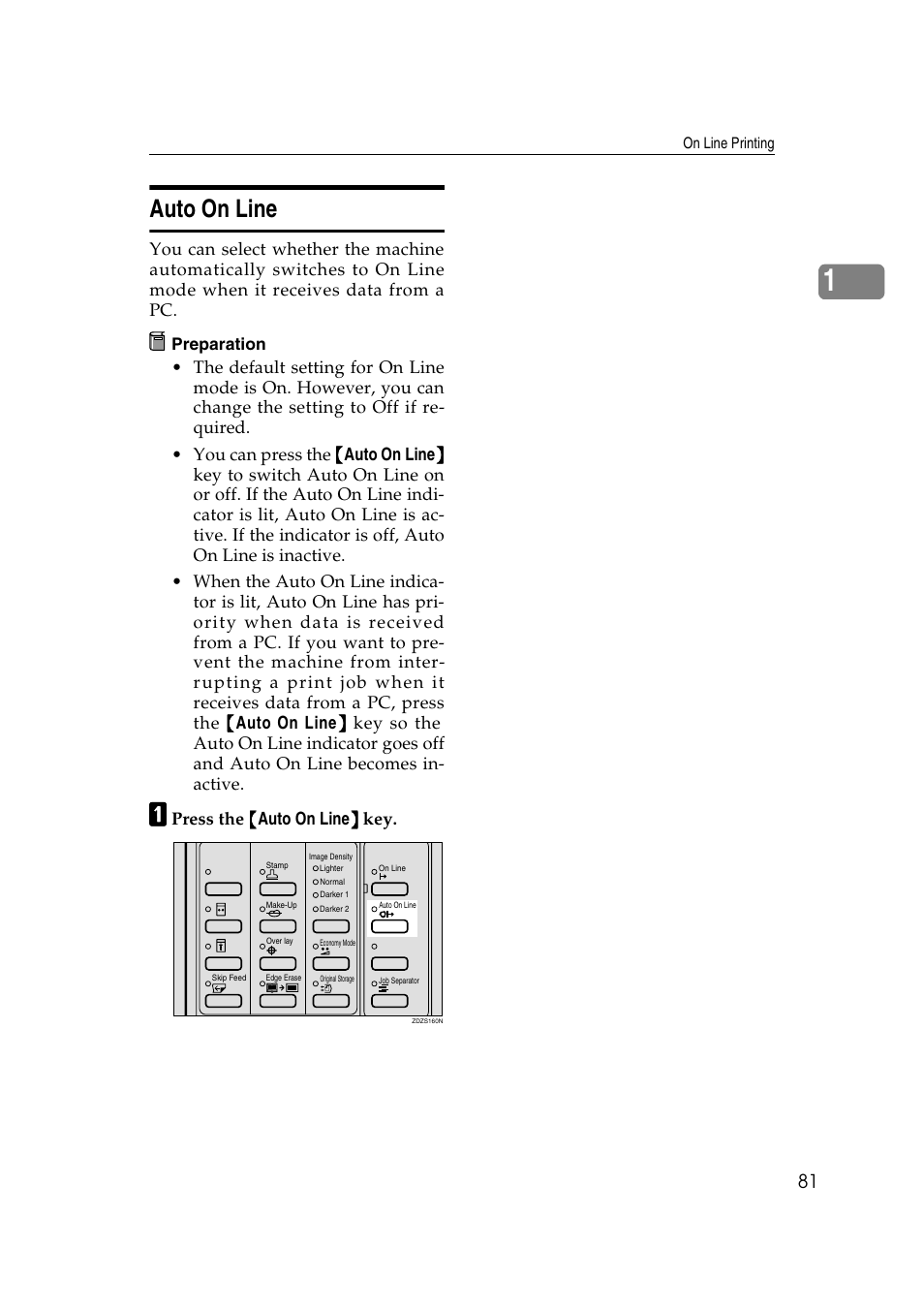 Auto on line, Press the {{{{ auto on line }}}} key | Ricoh Priport JP5000 User Manual | Page 333 / 465