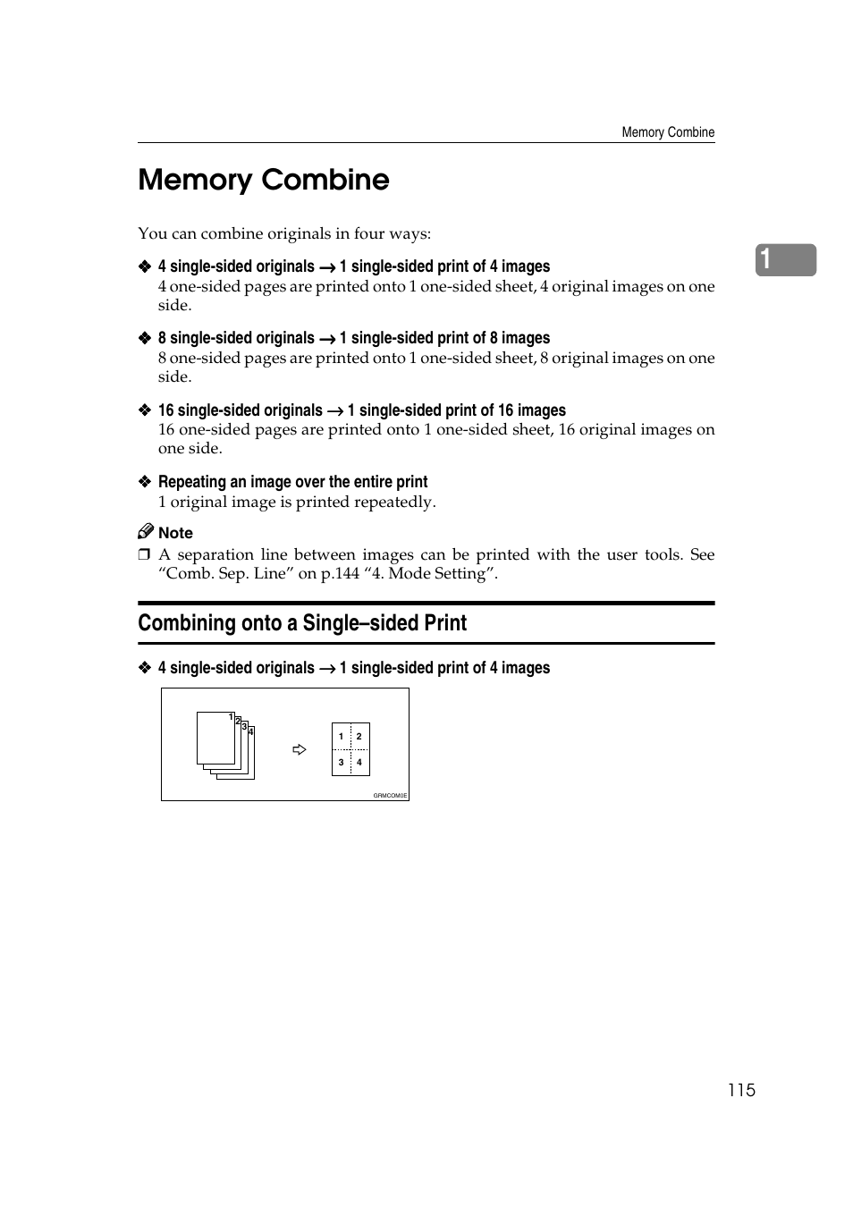 Memory combine, Combining onto a single–sided print | Ricoh Priport JP5000 User Manual | Page 367 / 465