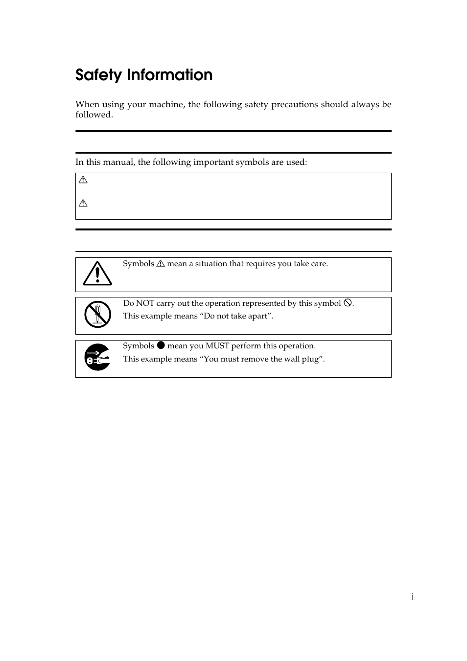 Safety information, Safety during operation, Examples of indications | Ricoh Priport JP5000 User Manual | Page 5 / 465