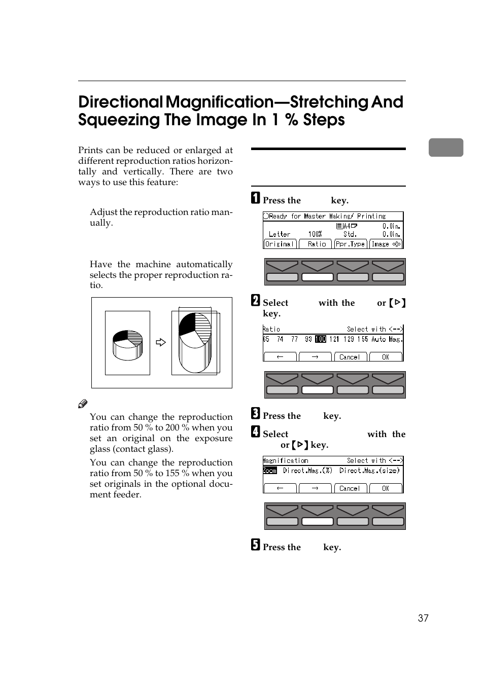 P.37 “directional magnifica, Entering the reproduction ratios | Ricoh Priport JP5000 User Manual | Page 59 / 465