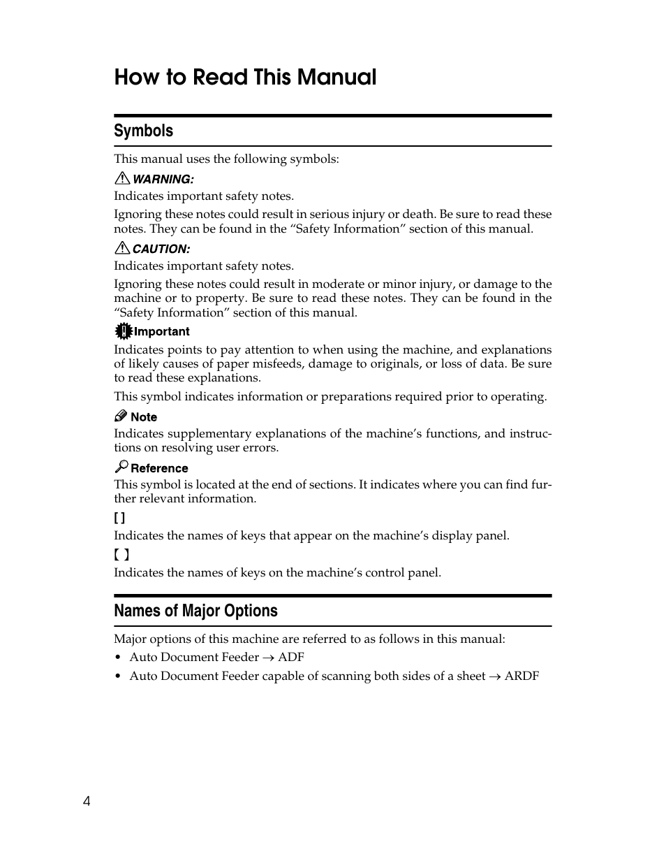 How to read this manual, Symbols, Names of major options | Symbols names of major options | Ricoh Aficio 615C User Manual | Page 18 / 76