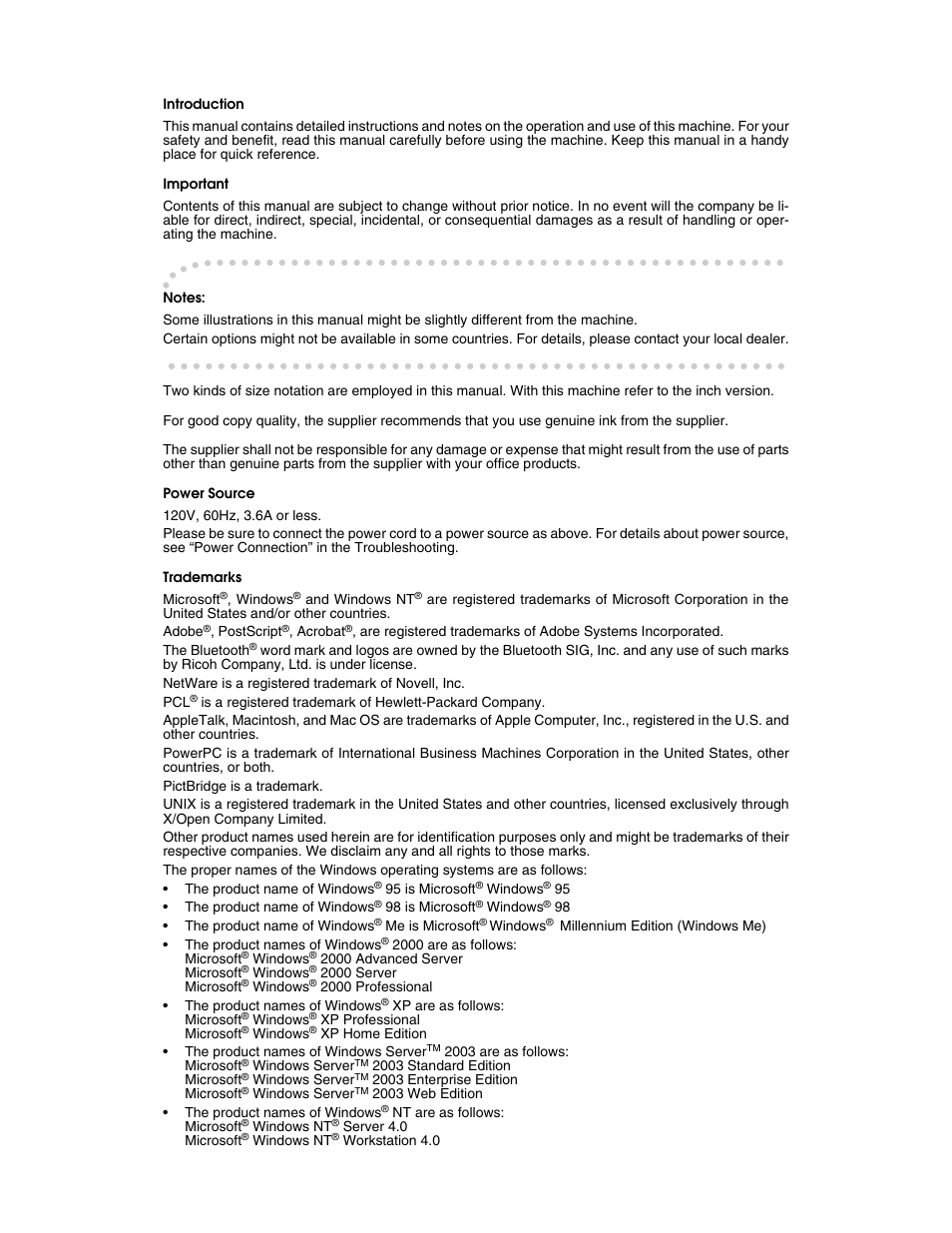 Introduction, Important, Notes | Power source, Trademarks | Ricoh Aficio 615C User Manual | Page 2 / 76