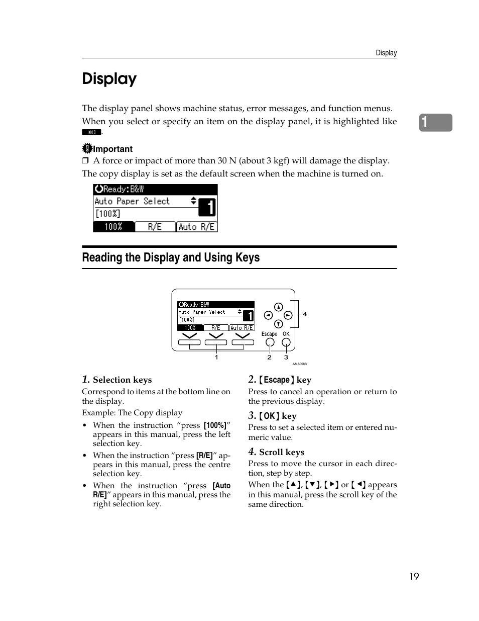 Display, Reading the display and using keys, 1display | Ricoh Aficio 615C User Manual | Page 33 / 76