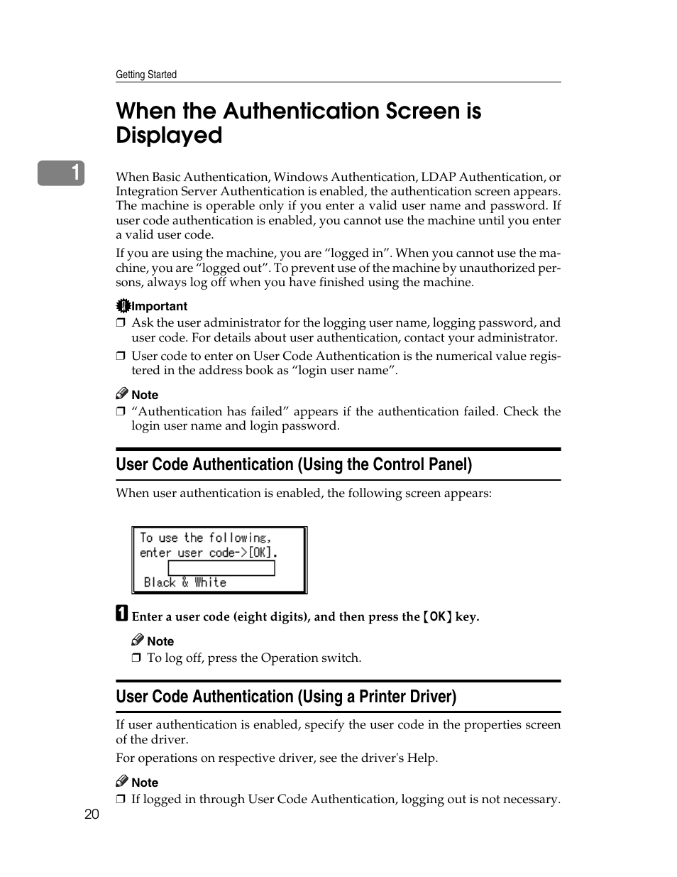 When the authentication screen is displayed, User code authentication (using the control panel), User code authentication (using a printer driver) | 1when the authentication screen is displayed | Ricoh Aficio 615C User Manual | Page 34 / 76