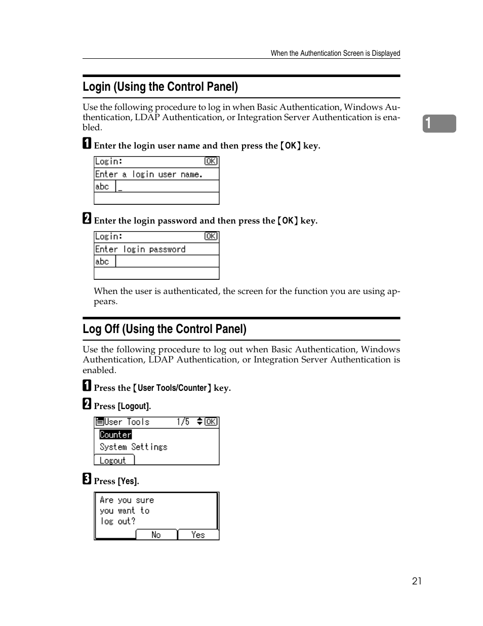 Login (using the control panel), Log off (using the control panel) | Ricoh Aficio 615C User Manual | Page 35 / 76