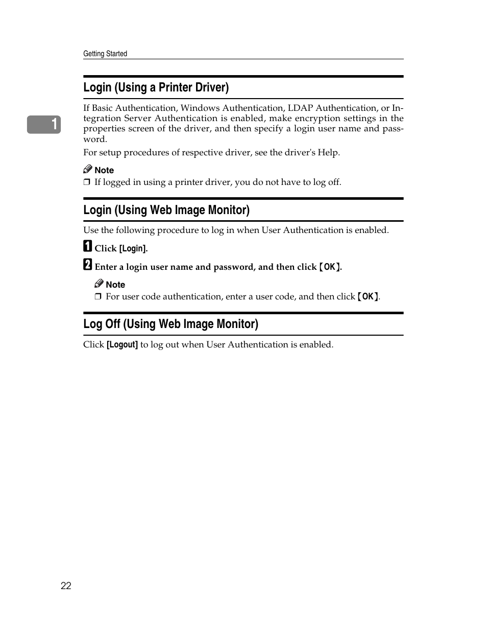 Login (using a printer driver), Login (using web image monitor), Log off (using web image monitor) | Ricoh Aficio 615C User Manual | Page 36 / 76