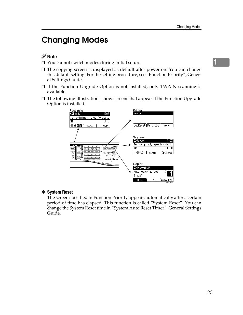 Changing modes, 1changing modes | Ricoh Aficio 615C User Manual | Page 37 / 76