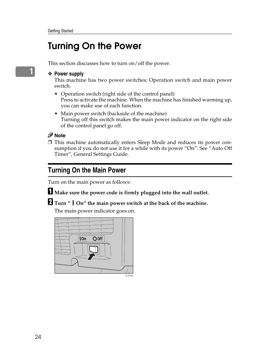 Turning on the power, Turning on the main power, 1turning on the power | Ricoh Aficio 615C User Manual | Page 38 / 76