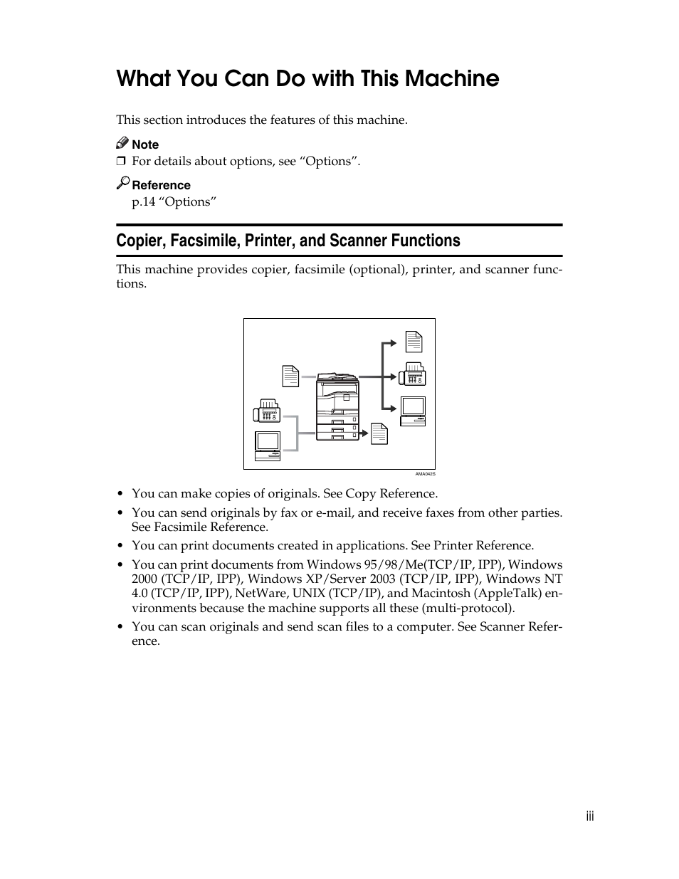 What you can do with this machine, Copier, facsimile, printer, and scanner functions | Ricoh Aficio 615C User Manual | Page 5 / 76