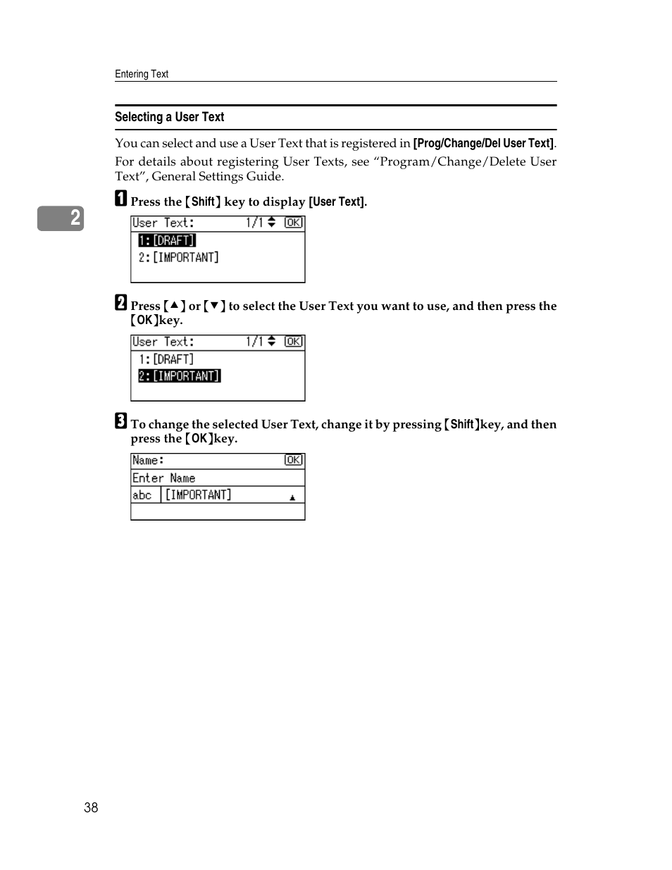 Selecting a user text | Ricoh Aficio 615C User Manual | Page 52 / 76