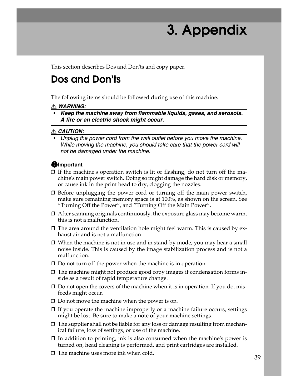 Appendix, Dos and don'ts | Ricoh Aficio 615C User Manual | Page 53 / 76