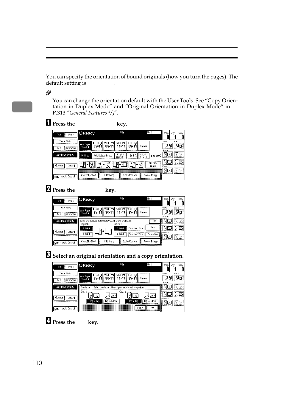 Specifying orientation of bound originals, P.110 “speci, Fying orientation of bound originals | Ricoh 700 User Manual | Page 126 / 372