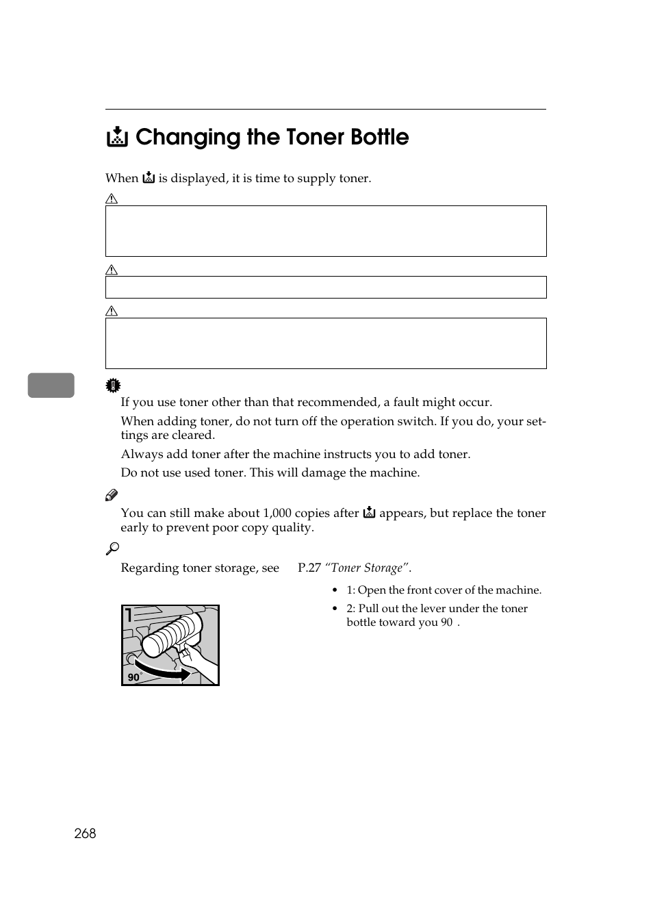 P.268, Chang, Ing the toner bottle | Changing, The toner bottle, Changing the toner bottle, 5d changing the toner bottle | Ricoh 700 User Manual | Page 284 / 372