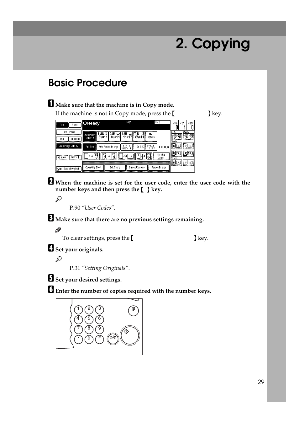 Copying, Basic procedure | Ricoh 700 User Manual | Page 45 / 372