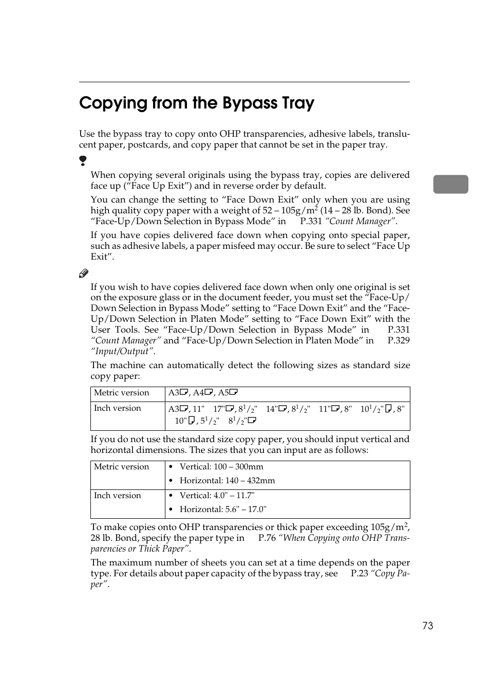 Copying from the bypass tray, P.73 “copying from the bypass tray, 2copying from the bypass tray | Ricoh 700 User Manual | Page 89 / 372