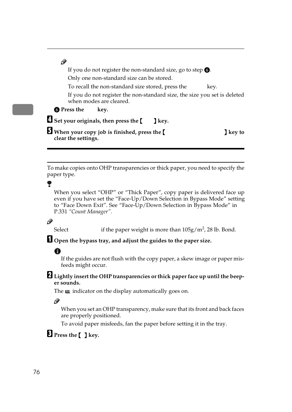 P.76 “when copying onto ohp trans, Parencies or thick paper | Ricoh 700 User Manual | Page 92 / 372