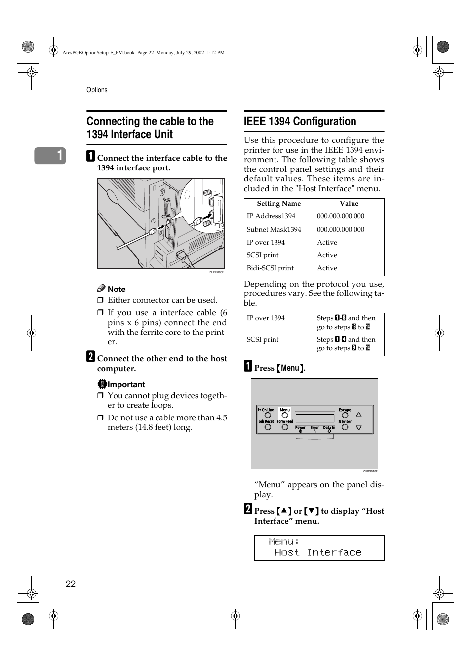 Connecting the cable to the 1394 interface unit, Ieee 1394 configuration, Menu: host interface | Ricoh AFICIO CL3000DN User Manual | Page 26 / 48